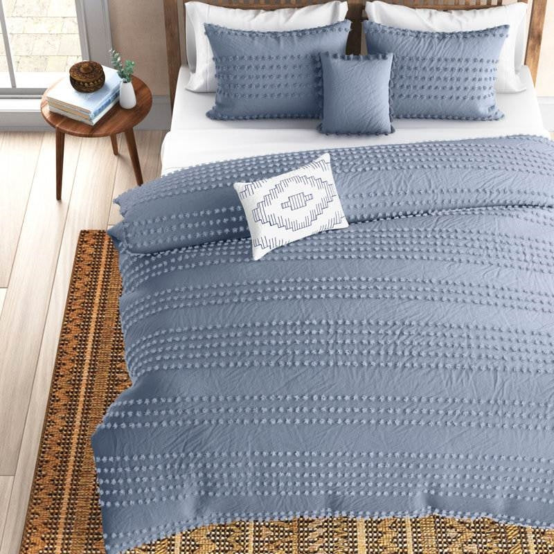 Bedroom > Comforters And Sets - Full/Queen Size 5-Piece 100-Percent Cotton Clip Dot Comforter Set In Denim Blue