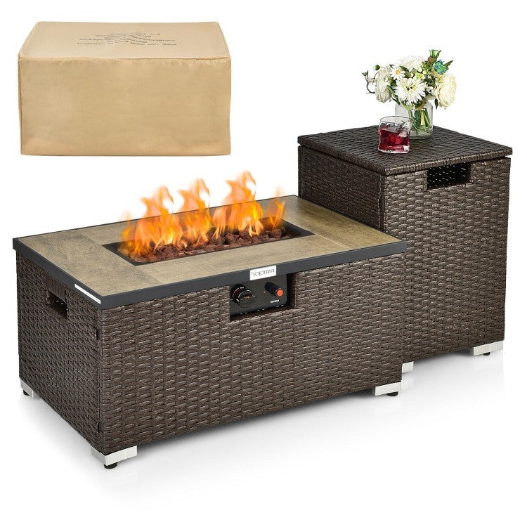 Outdoor > Outdoor Decor > Fire Pits - Outdoor Propane Fire Pit With Side Table Tank Holder In Brown PE Rattan