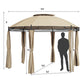 Outdoor > Gazebos & Canopies - Circular Dome Hexagon Gazebo Canopy With Polyester Privacy Curtain In Brown