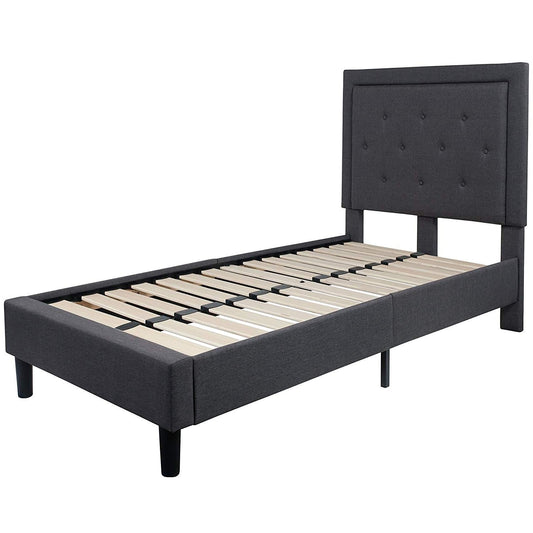Bedroom > Bed Frames > Platform Beds - Twin Dark Gray Fabric Upholstered Platform Bed With Button Tufted Headboard
