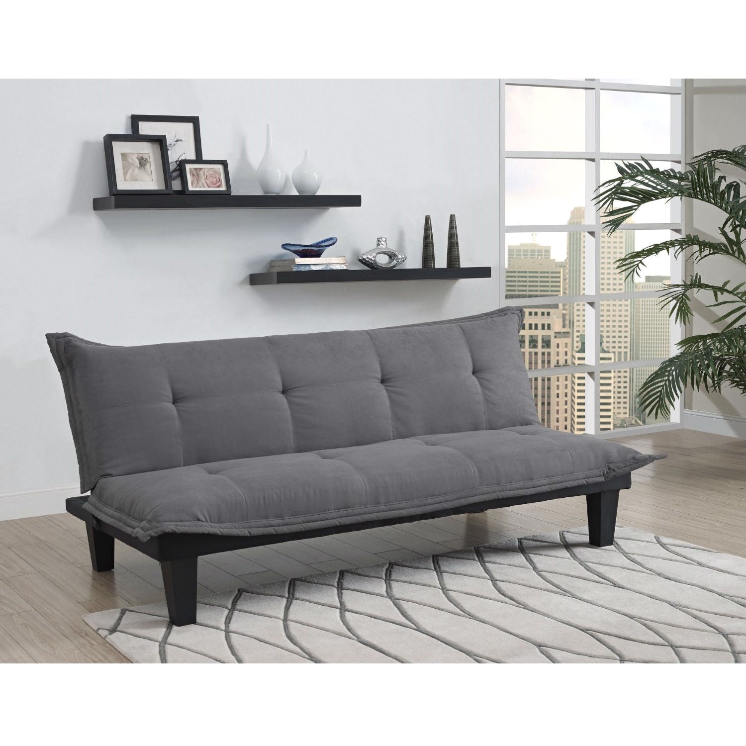 Living Room > Sofas - Charcoal Microfiber Click-Clack Futon Sofa Bed Lounger