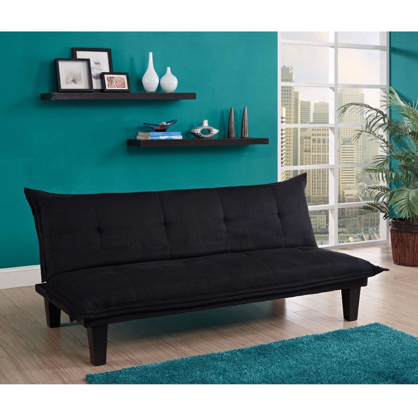 Living Room > Sofas - Black Microfiber Click-Clack Sleeper Sofa Bed Futon Lounger