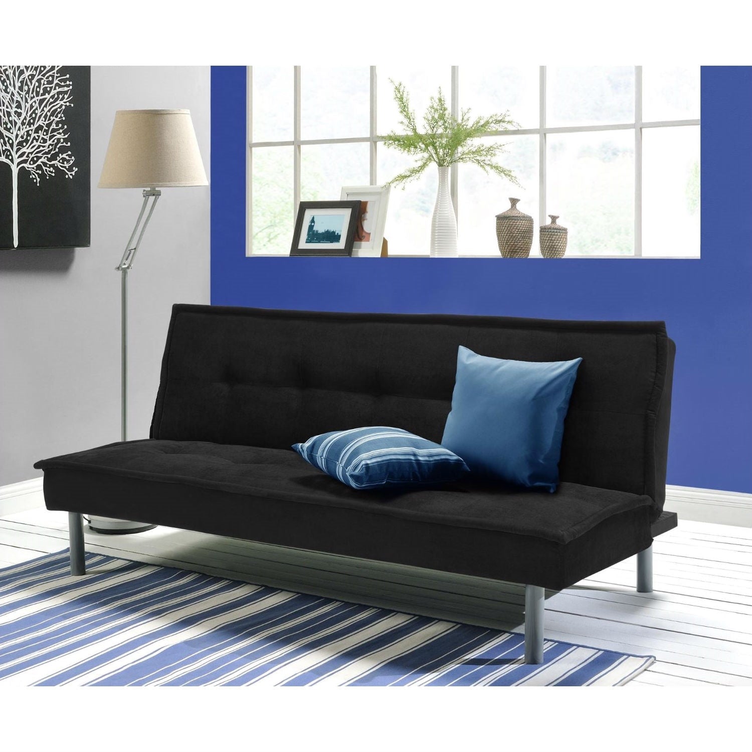 Living Room > Futons - Black Microfiber Upholstered Futon Sofa Bed With Metal Legs