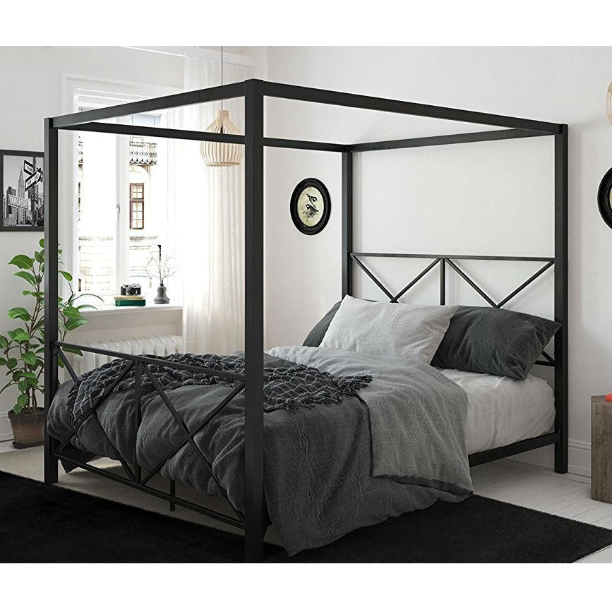 Bedroom > Bed Frames > Canopy Beds - Queen Size Modern Black Metal Four-Poster Canopy Bed Frame