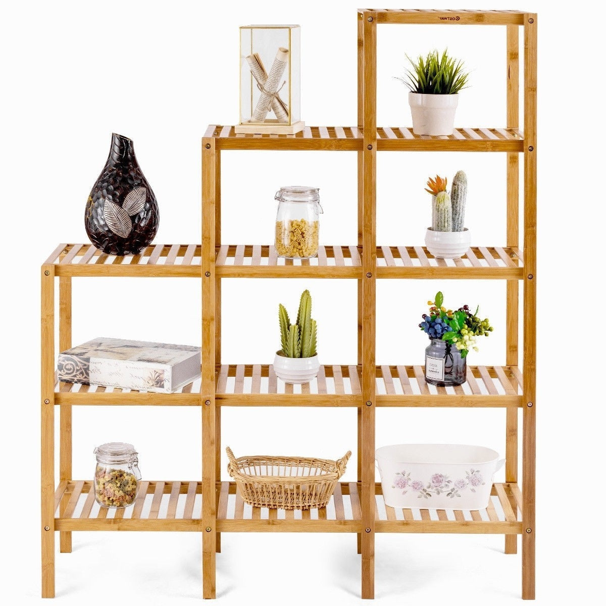 Living Room > Bookcases - Bamboo Wood 5-Tier Versatile Bookcase Plant Stand Storage Rack