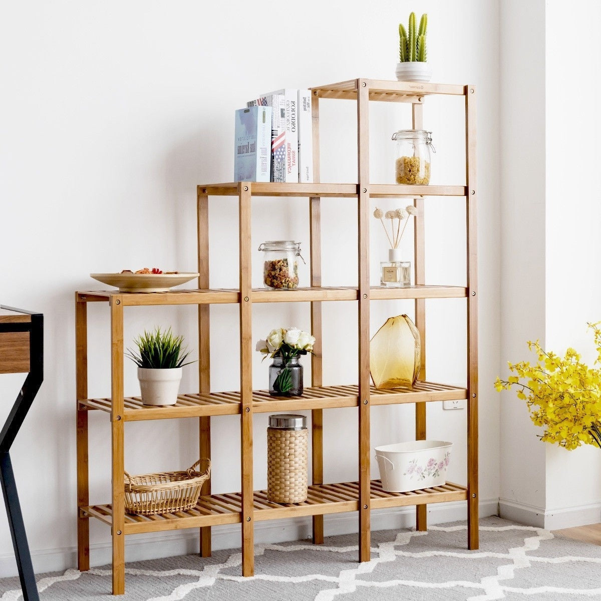 Living Room > Bookcases - Bamboo Wood 5-Tier Versatile Bookcase Plant Stand Storage Rack