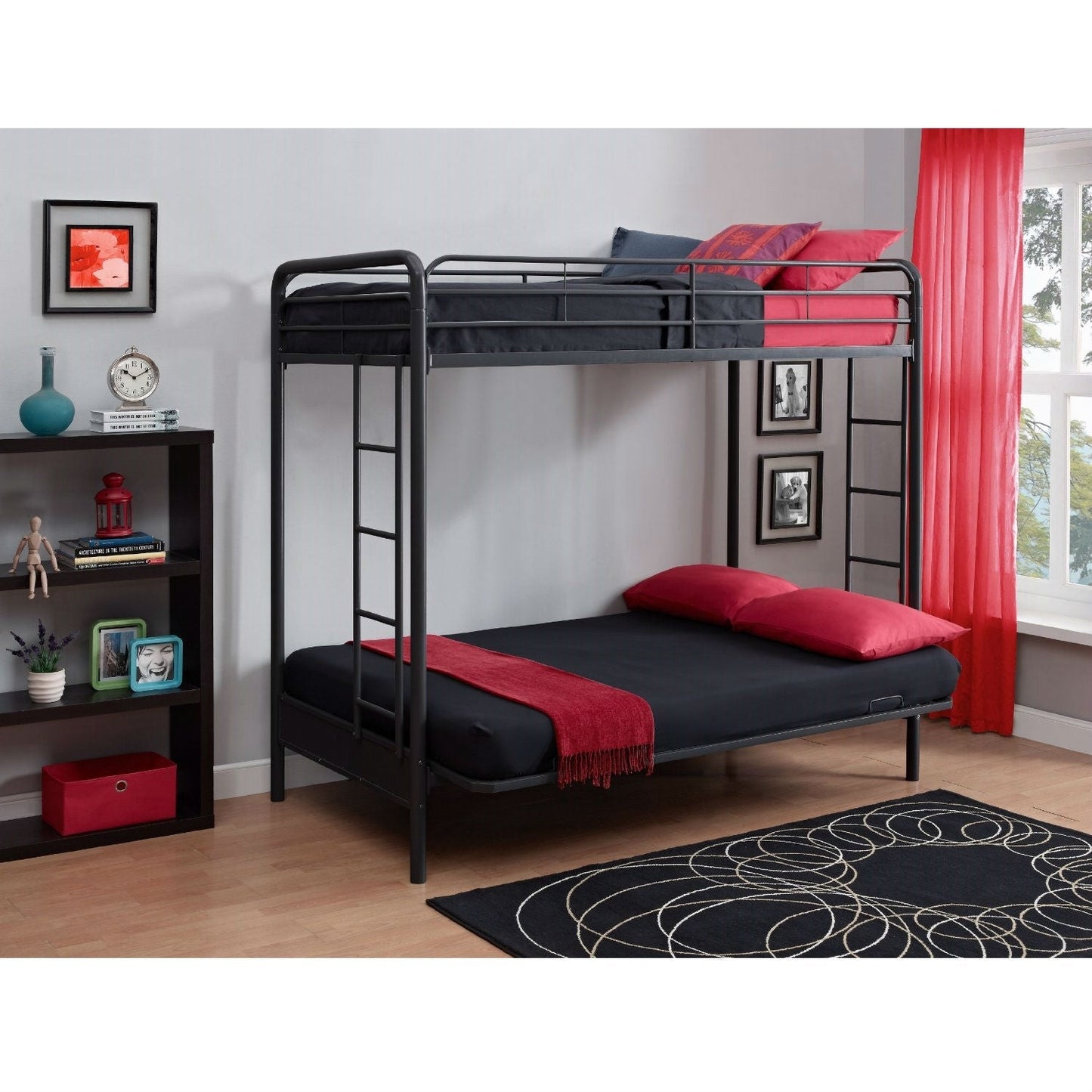 Bedroom > Bed Frames > Bunk Beds - Twin Over Full Futon Bunk Bed Sleeper Sofa In Black Metal