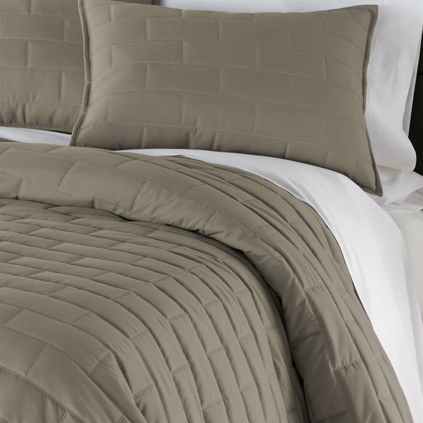Bedroom > Comforters And Sets - Full/Queen Modern Brick Stitch Microfiber Reversible 3 Piece Comforter Set In Taupe