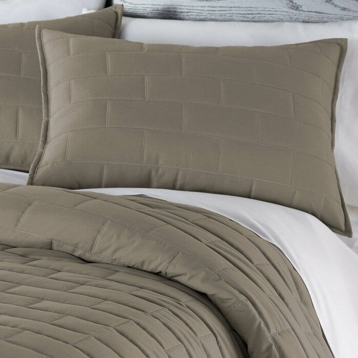 Bedroom > Comforters And Sets - Full/Queen Modern Brick Stitch Microfiber Reversible 3 Piece Comforter Set In Taupe