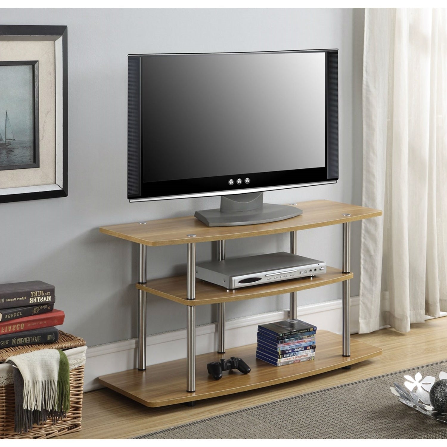 Living Room > TV Stands And Entertainment Centers - Modern Wood Metal TV Stand Entertainment Center In Light Oak Finish