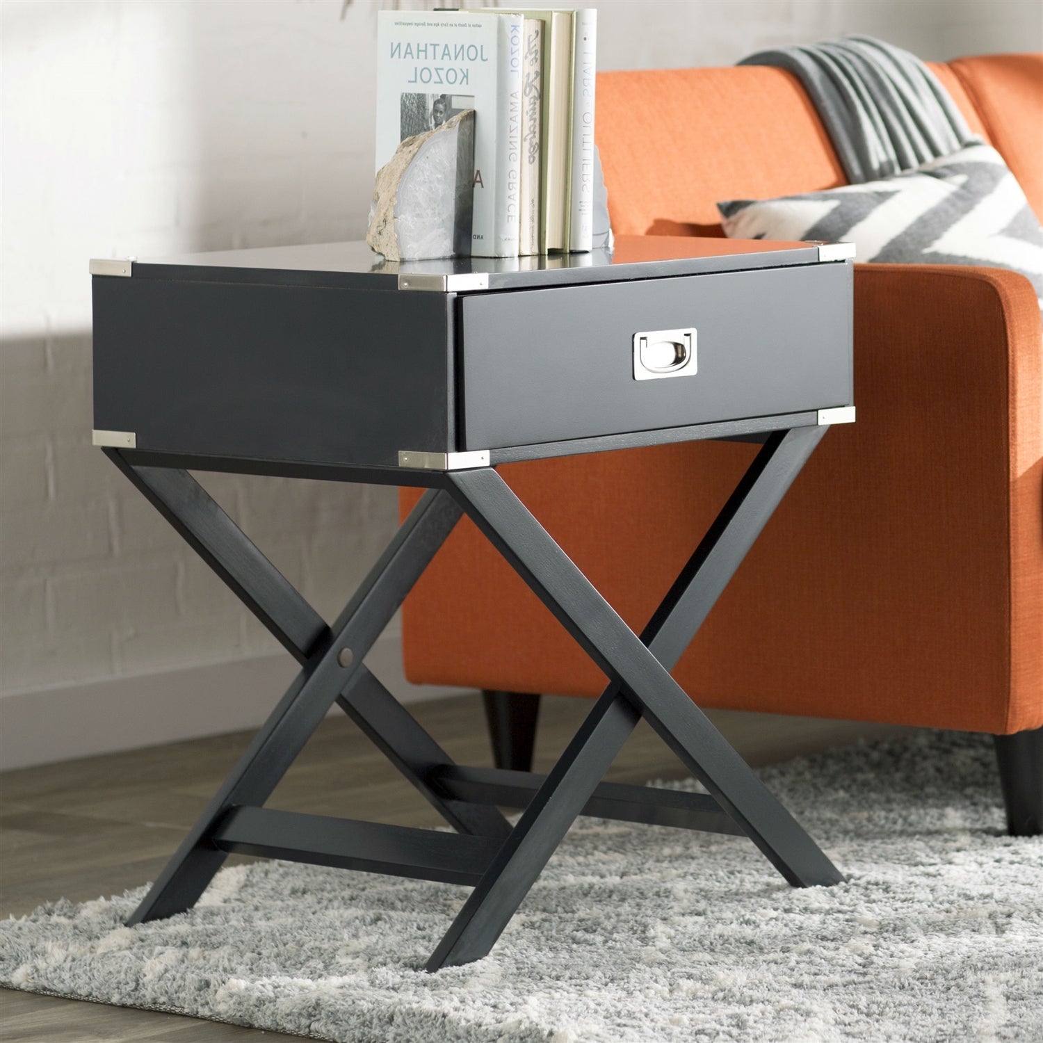 Living Room > Coffee Tables - Dark Grey Black 1-Drawer End Table Nightstand With Modern Classic X Style Legs