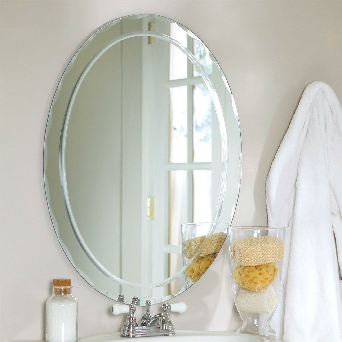 Accents > Mirrors - Oval Frameless Bathroom Vanity Wall Mirror With Beveled Edge Scallop Border