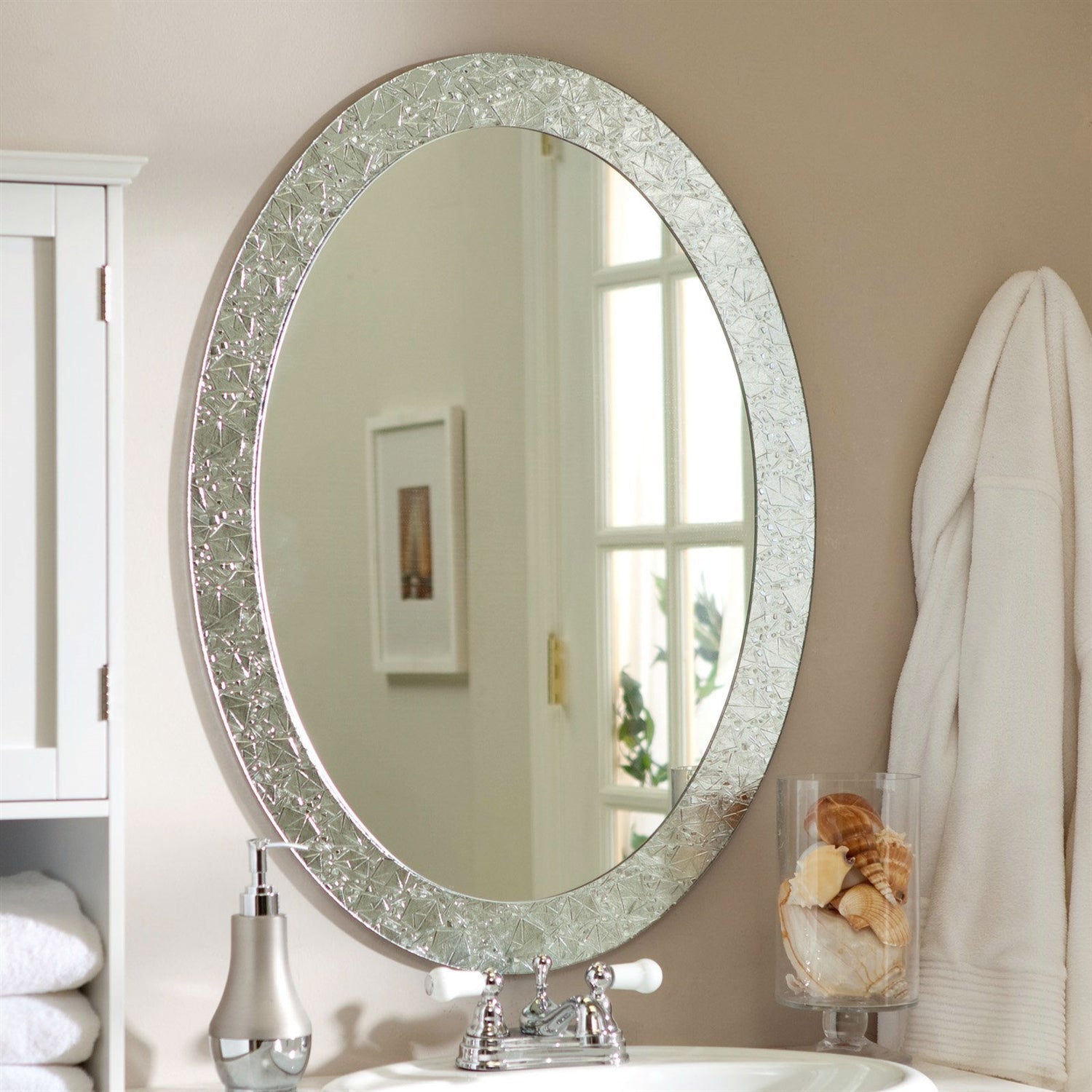 Accents > Mirrors - Oval Frame-less Bathroom Vanity Wall Mirror With Elegant Crystal Look Border