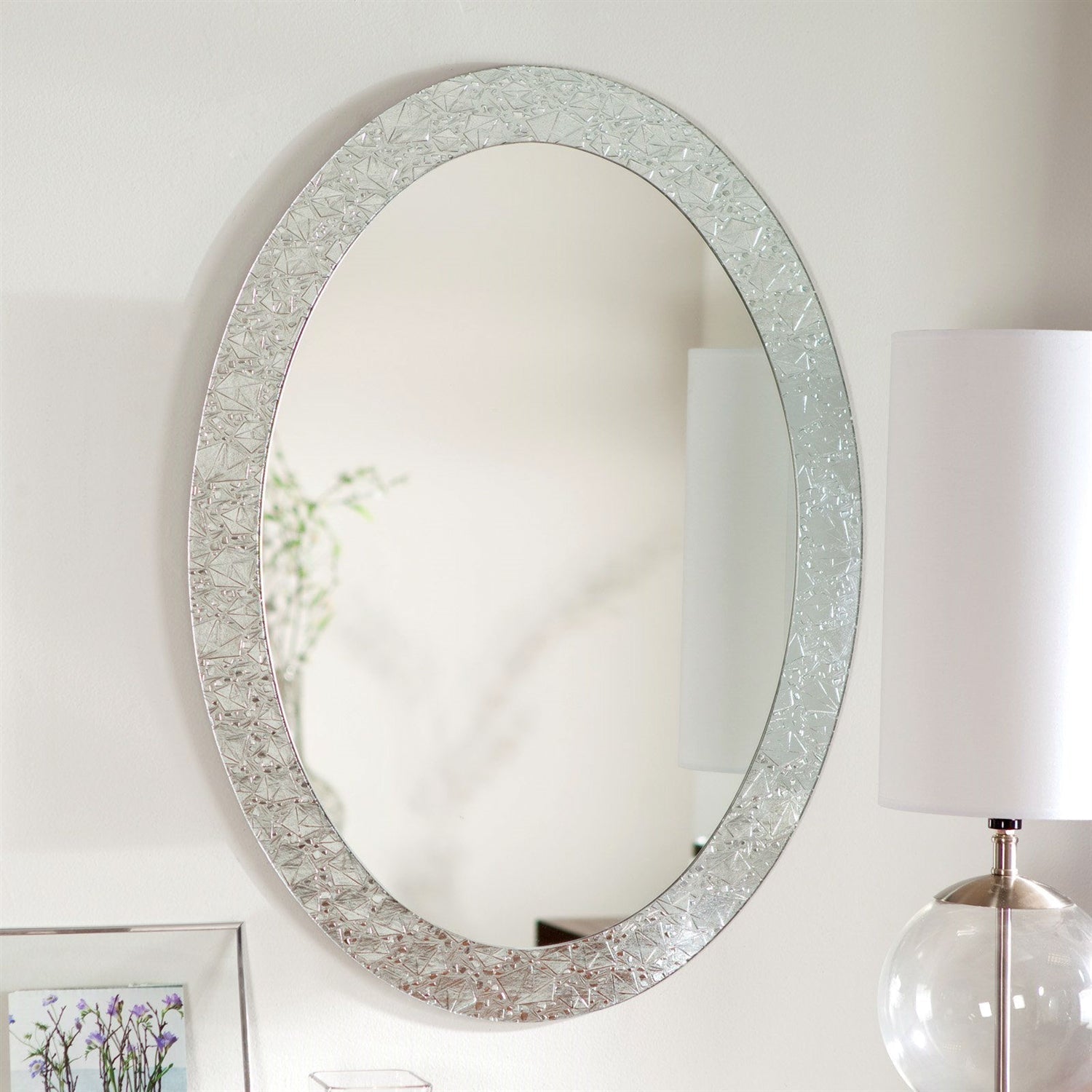 Accents > Mirrors - Oval Frame-less Bathroom Vanity Wall Mirror With Elegant Crystal Look Border