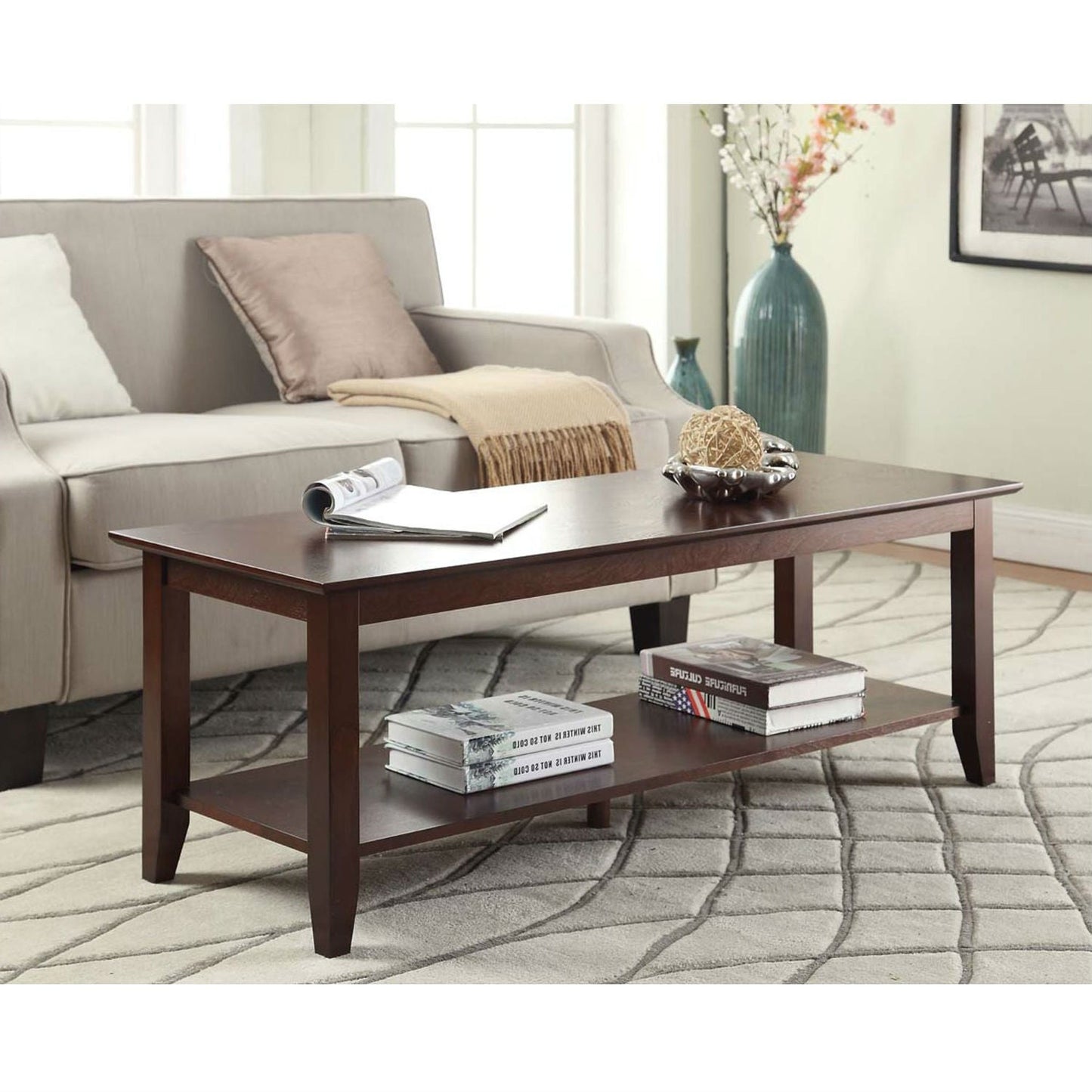 Living Room > Coffee Tables - Eco-Friendly Espresso Wood Coffee Table With Bottom Shelf