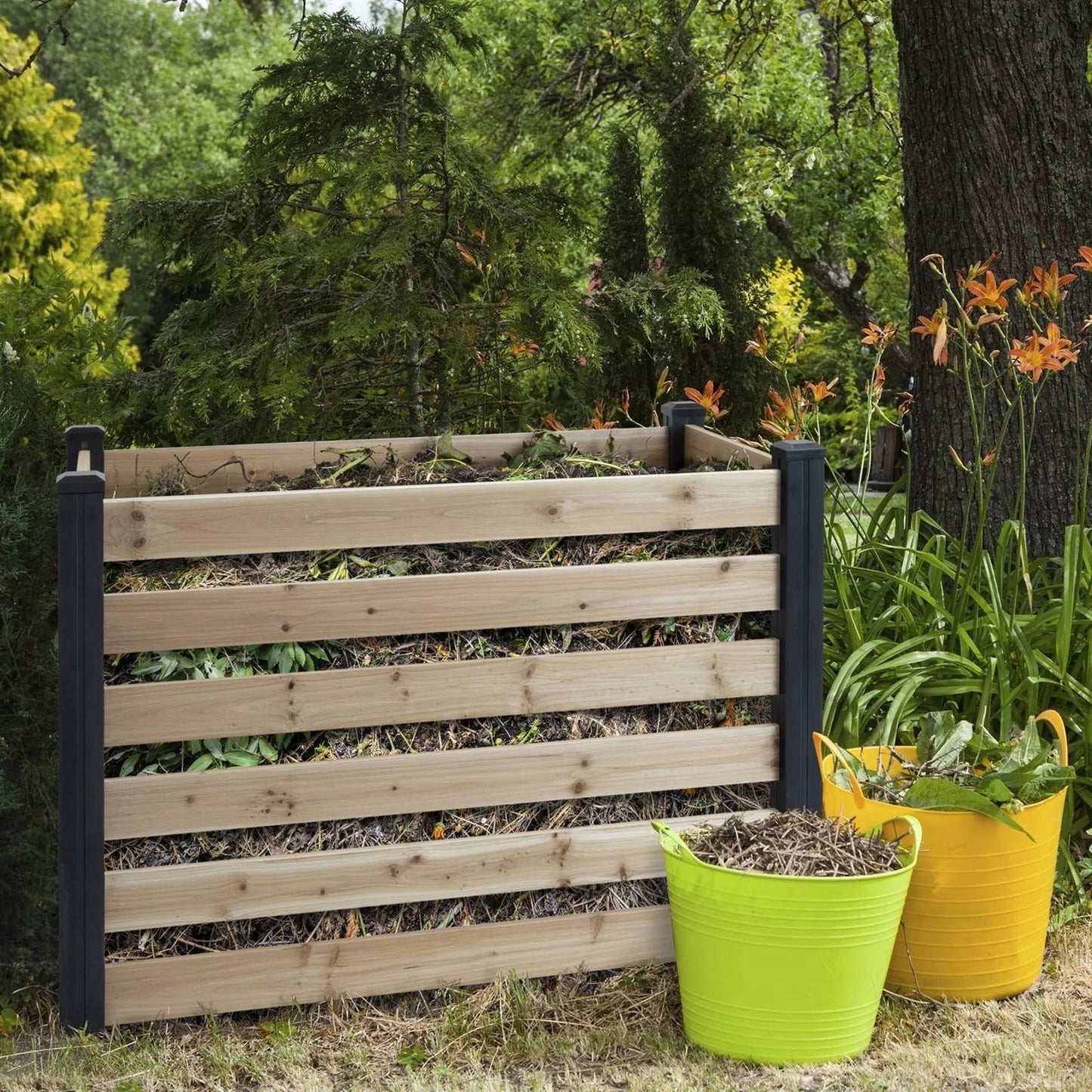 Outdoor > Gardening > Compost Bins - 120 Gallon Outdoor Cedar Wooden Compost Bin In Natural Black Wood Finish