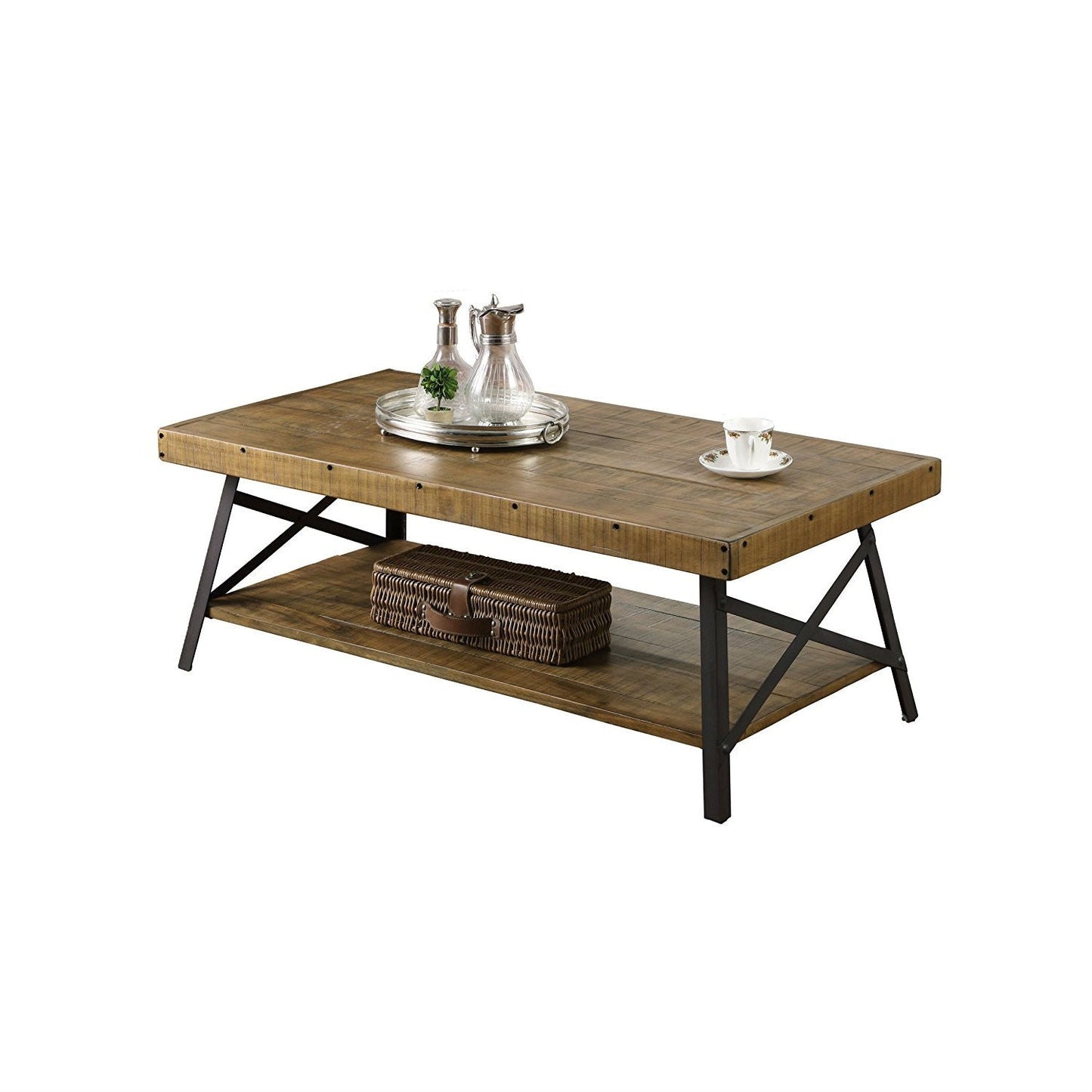 Living Room > Coffee Tables - Modern Industrial Style Solid Wood Coffee Table With Steel Legs
