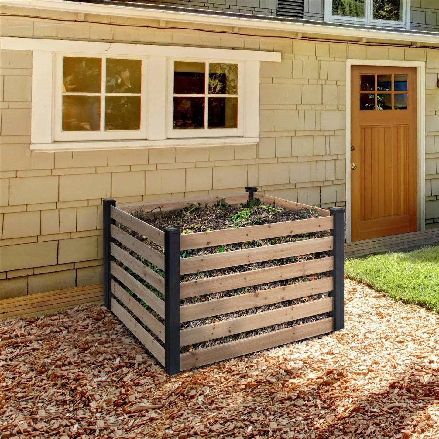 Outdoor > Gardening > Compost Bins - 244 Gallon Outdoor Cedar Wooden Compost Bin In Natural Black Wood Finish
