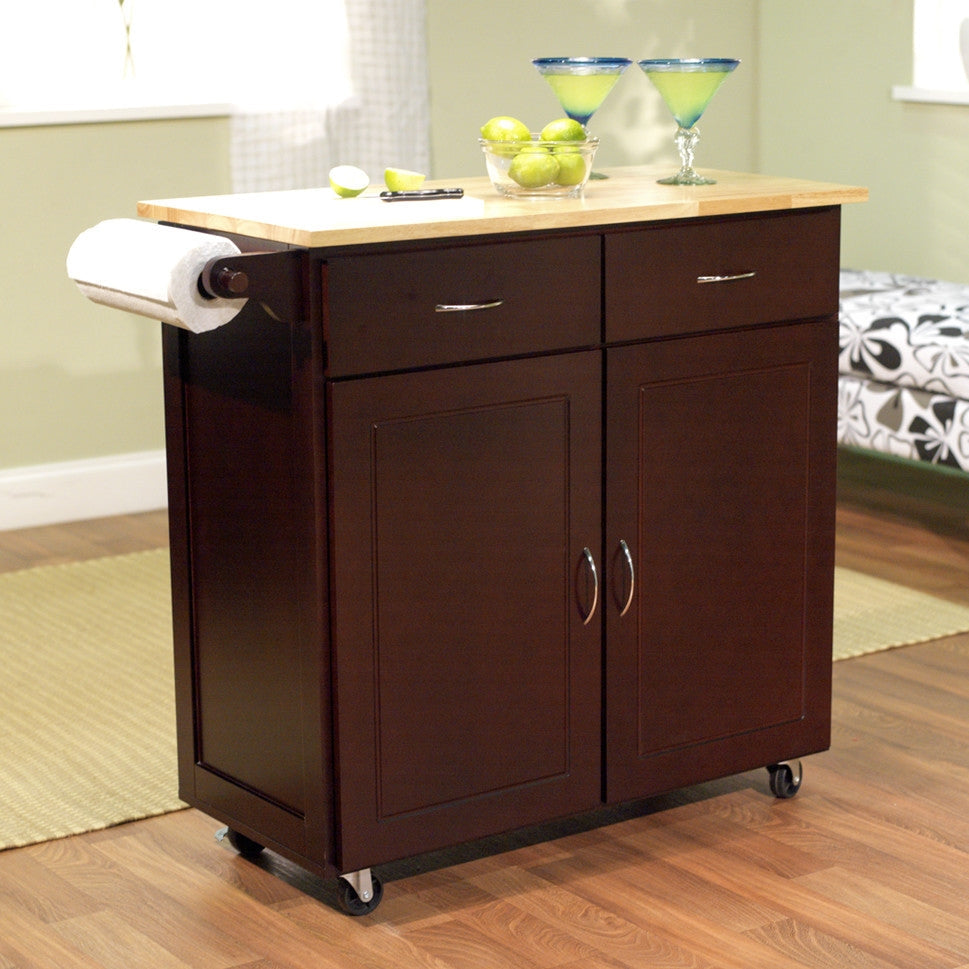 Kitchen > Kitchen Carts - 43-inch W Portable Kitchen Island Cart With Natural Wood Top In Espresso