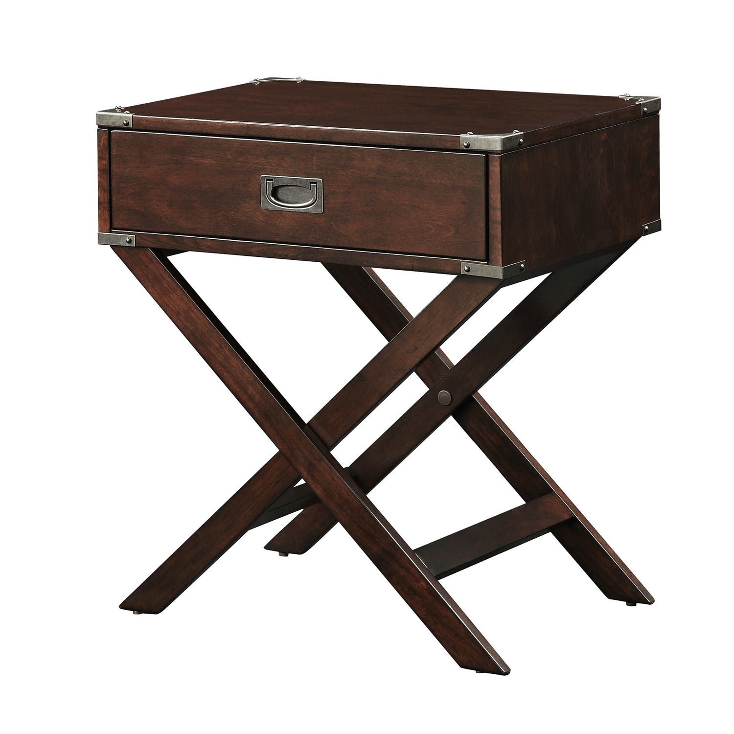 Living Room > Coffee Tables - Espresso Brown Wood 1-Drawer End Table Nightstand With X Legs