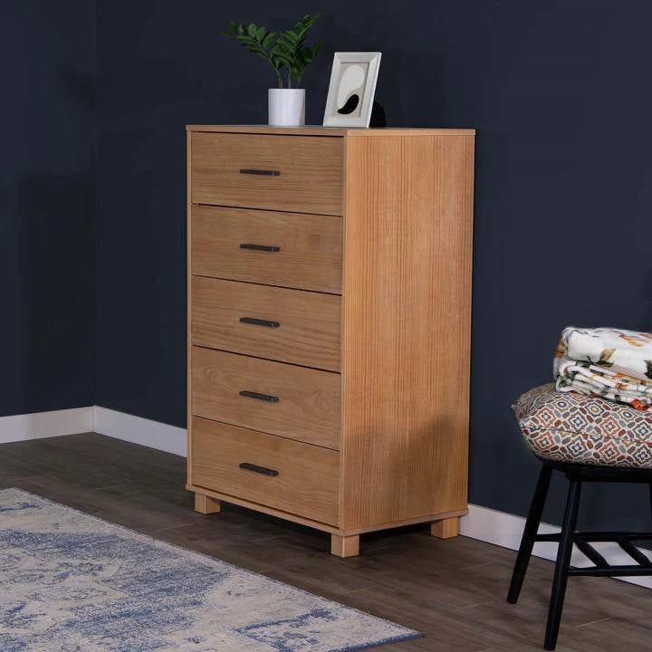 Bedroom > Nightstand And Dressers - Modern Farmhouse Solid Wood 5 Drawer Bedroom Chest In Light Brown Finish