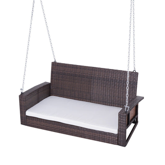 Outdoor > Outdoor Furniture > Porch Swings And Gliders - Espresso Wicker Porch Swing 7ft Hanging Chain With Cream Padded Cushion