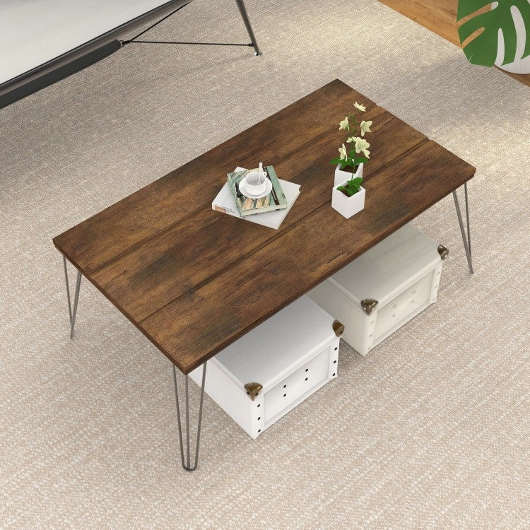 Living Room > Coffee Tables - Rustic FarmHouse Wooden Coffee Table With Modern Metal Legs