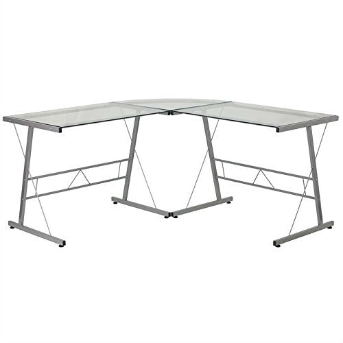 Office > Computer Desks - Modern Silver Metal L-Shaped Desk With Glass Top And Floor Glides