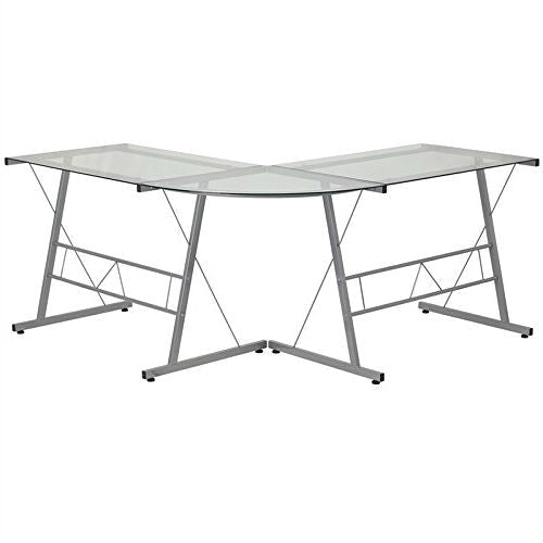Office > Computer Desks - Modern Silver Metal L-Shaped Desk With Glass Top And Floor Glides