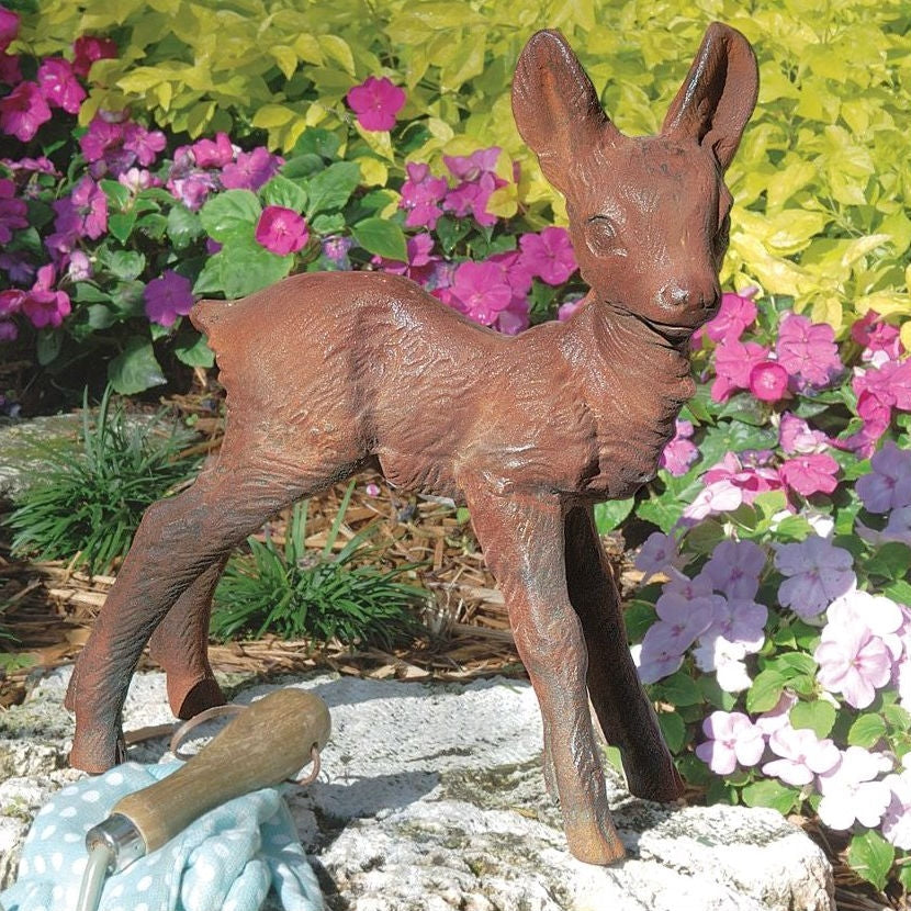 Outdoor > Outdoor Decor > Garden Statues - Baby Deer Fawn Brown Metal Outdoor Garden Statue