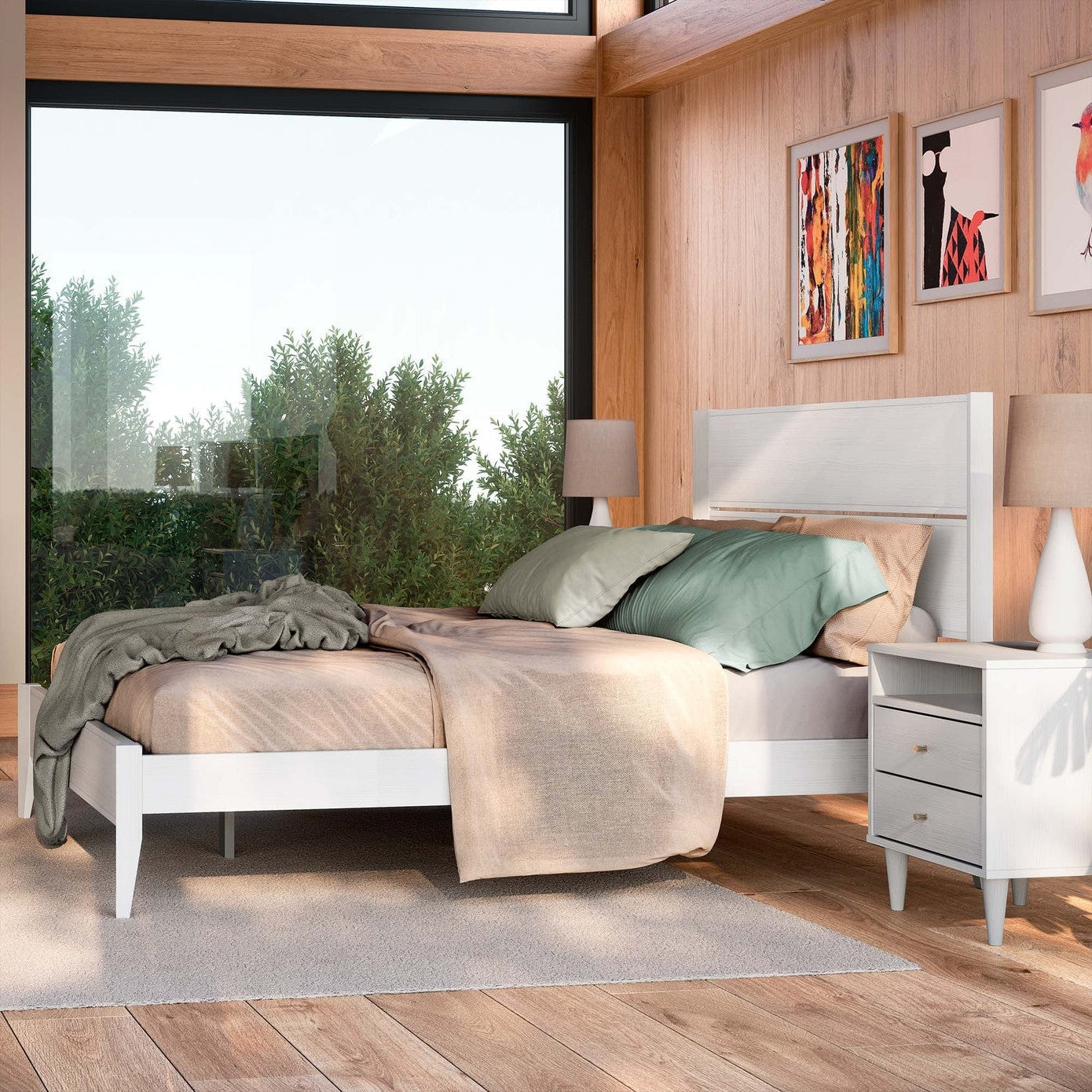 Bedroom > Bed Frames > Platform Beds - Full Size Rustic White Mid Century Slatted Platform Bed