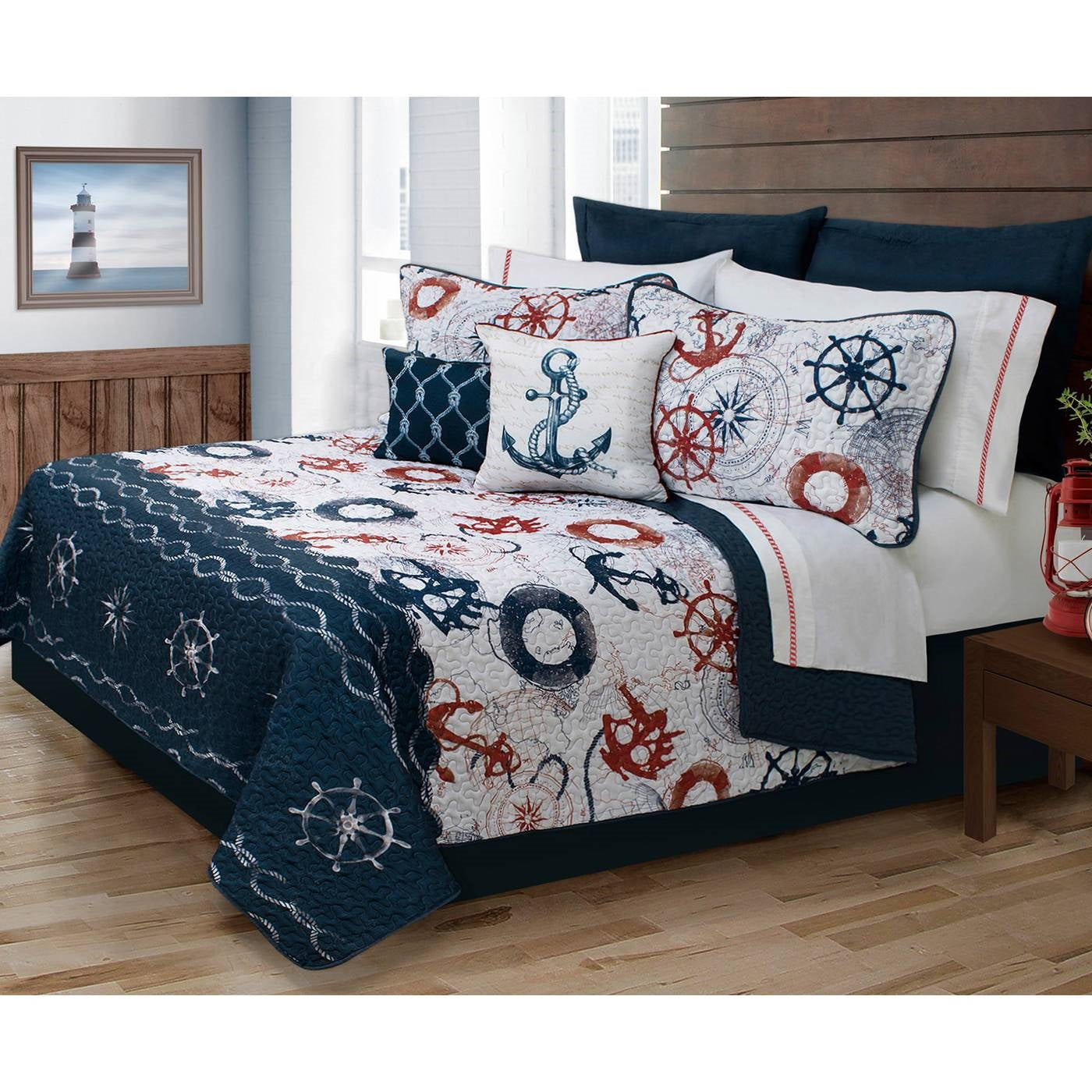 Bedroom > Quilts & Blankets - Full/Queen Modern Coastal Anchor Polyester Reversible Quilt Set