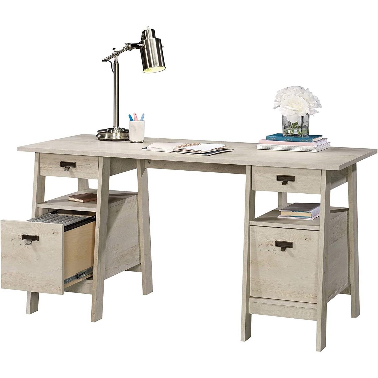 Office > Computer Desks - FarmHouse Chalky Oak Executive Desk W/ Filing Cabinets Storage