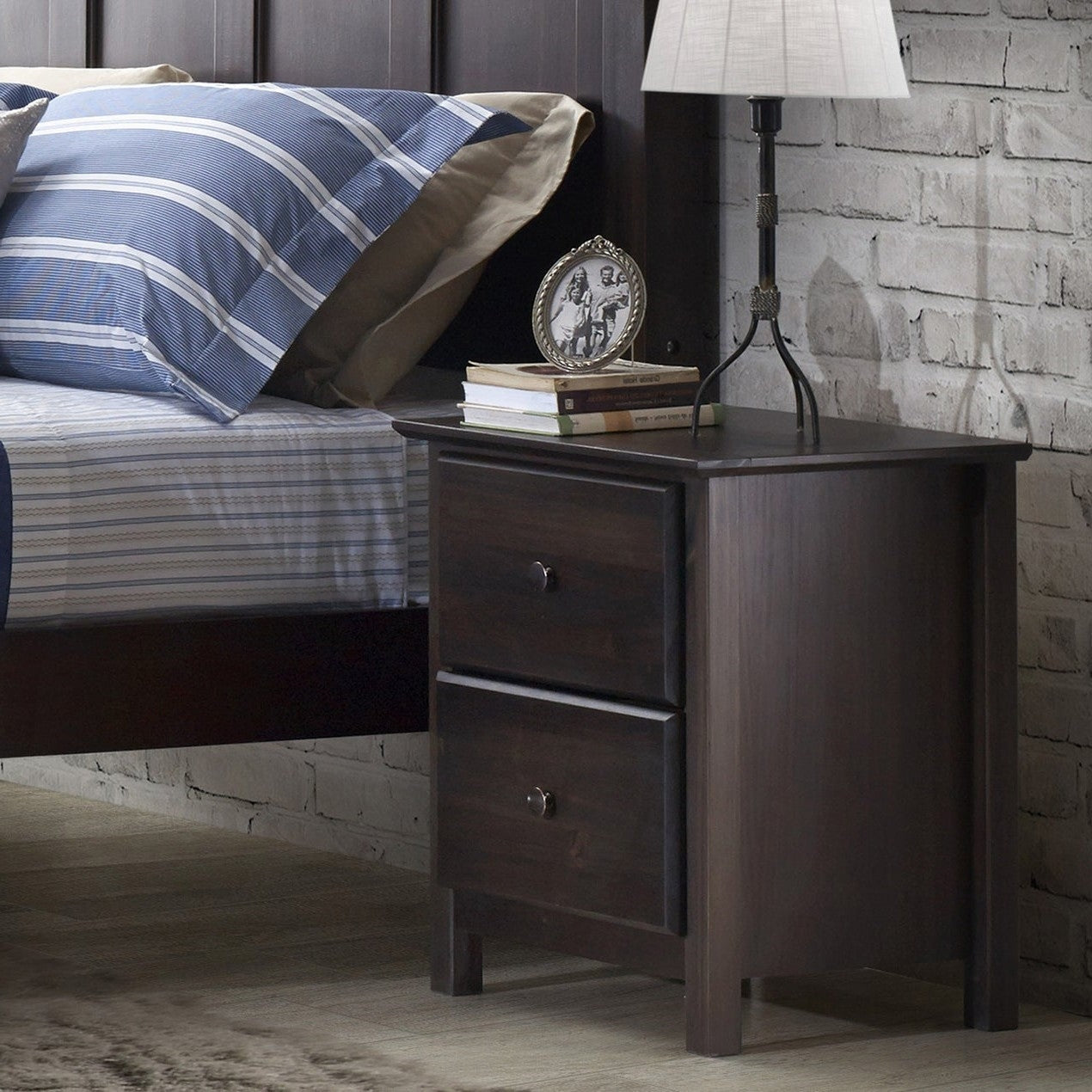 Bedroom > Nightstand And Dressers - Farmhouse Solid Pine Wood 2 Drawer Nightstand In Espresso