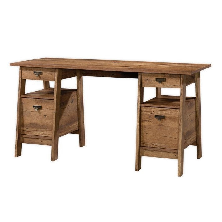 Office > Computer Desks - FarmHouse Rustic Oak Executive Desk W/ Filing Cabinets Storage
