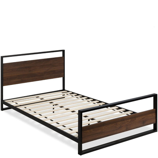 Bedroom > Bed Frames > Platform Beds - Queen Size Farmhouse Metal Wood Platform Bed Frame With Headboard Footboard