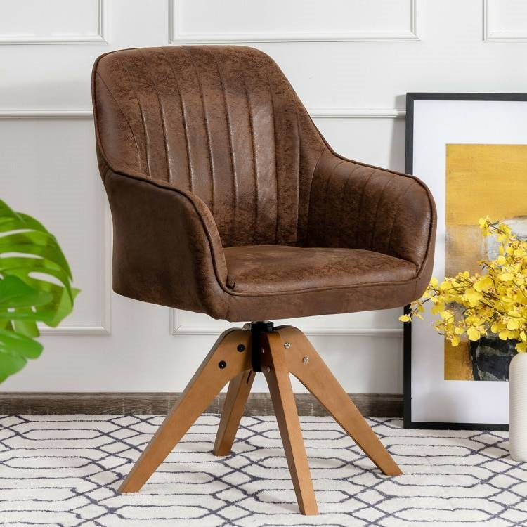 Living Room > Accent Chairs - Faux Leather Swivel Accent Chair With Solid Wood Legs - Brown