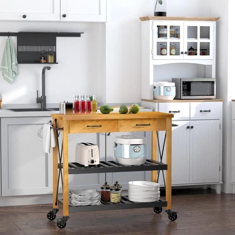 Kitchen > Kitchen Carts - FarmHouse Rolling Kitchen Island 2 Drawers Storage With Butcher Block Rubberwood Top