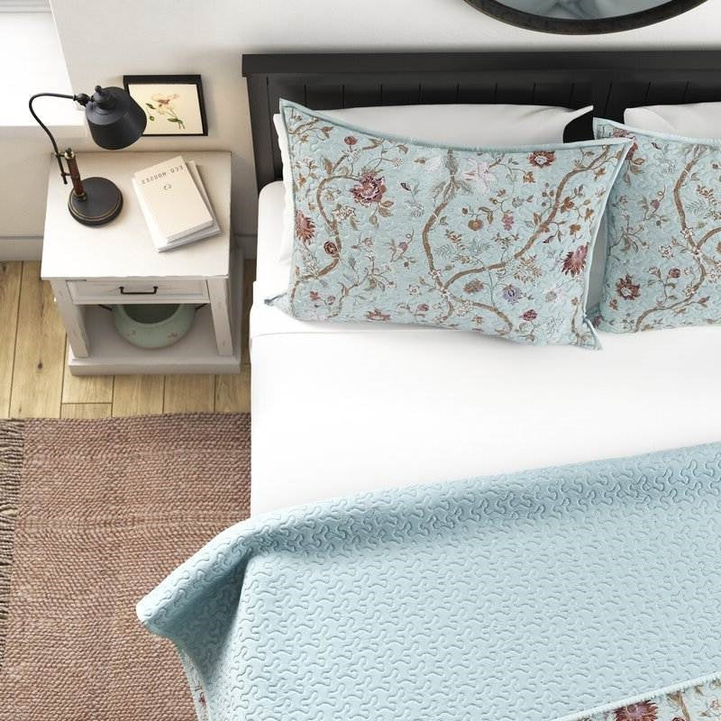 Bedroom > Quilts & Blankets - Twin XL 2 Piece Farmhouse Blue Teal Floral Vines Cotton Reversible Quilt Set