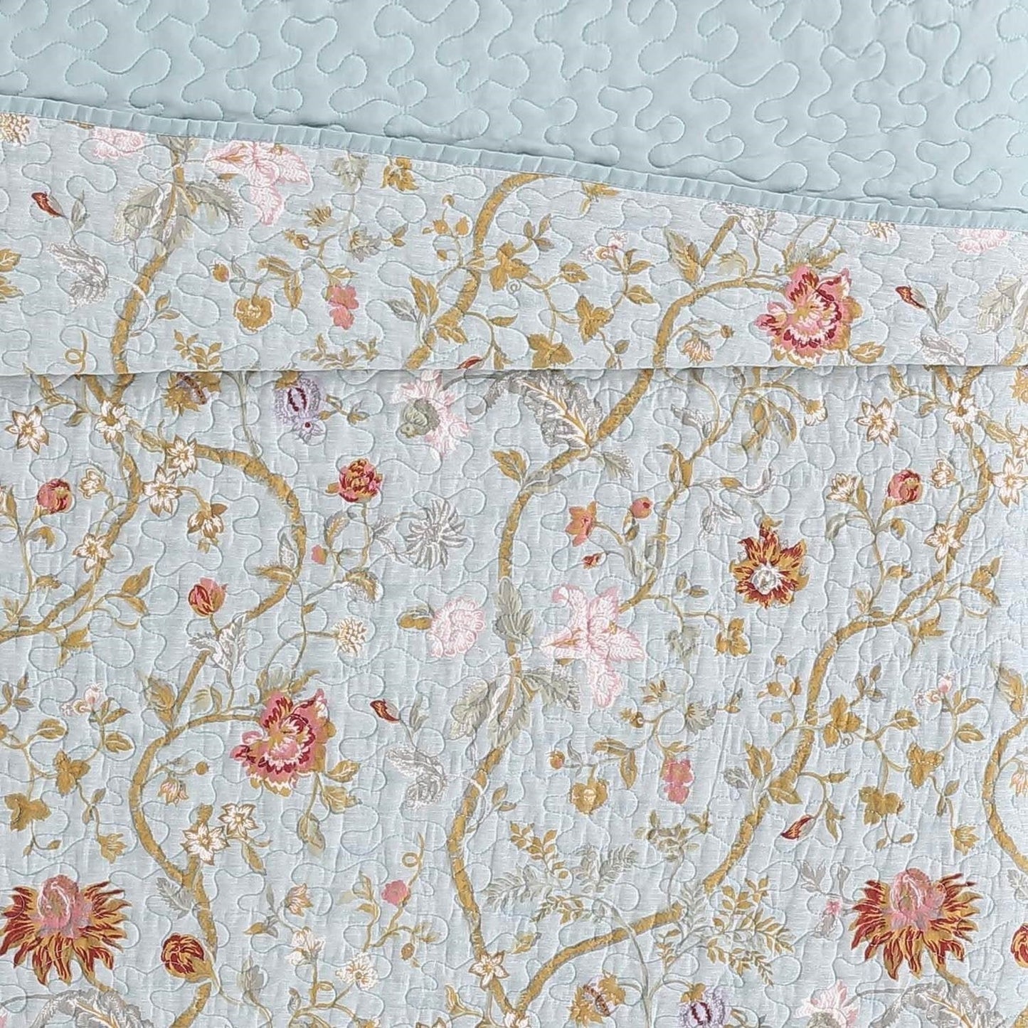Bedroom > Quilts & Blankets - Twin XL 2 Piece Farmhouse Blue Teal Floral Vines Cotton Reversible Quilt Set