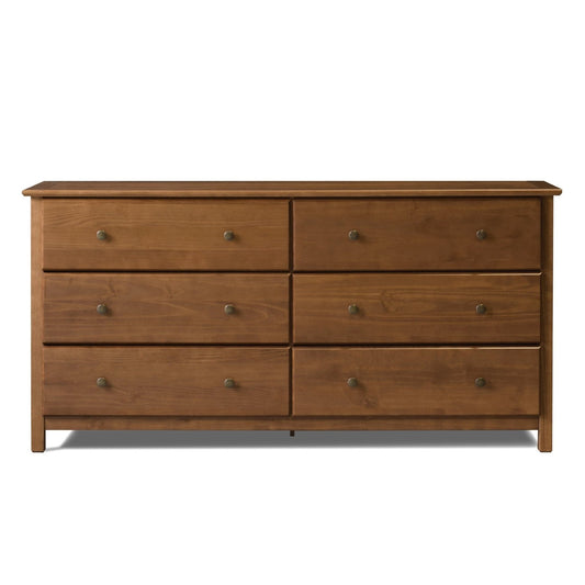 Bedroom > Nightstand And Dressers - Farmhouse Solid Pine Wood 6 Drawer Dresser In Walnut Finish