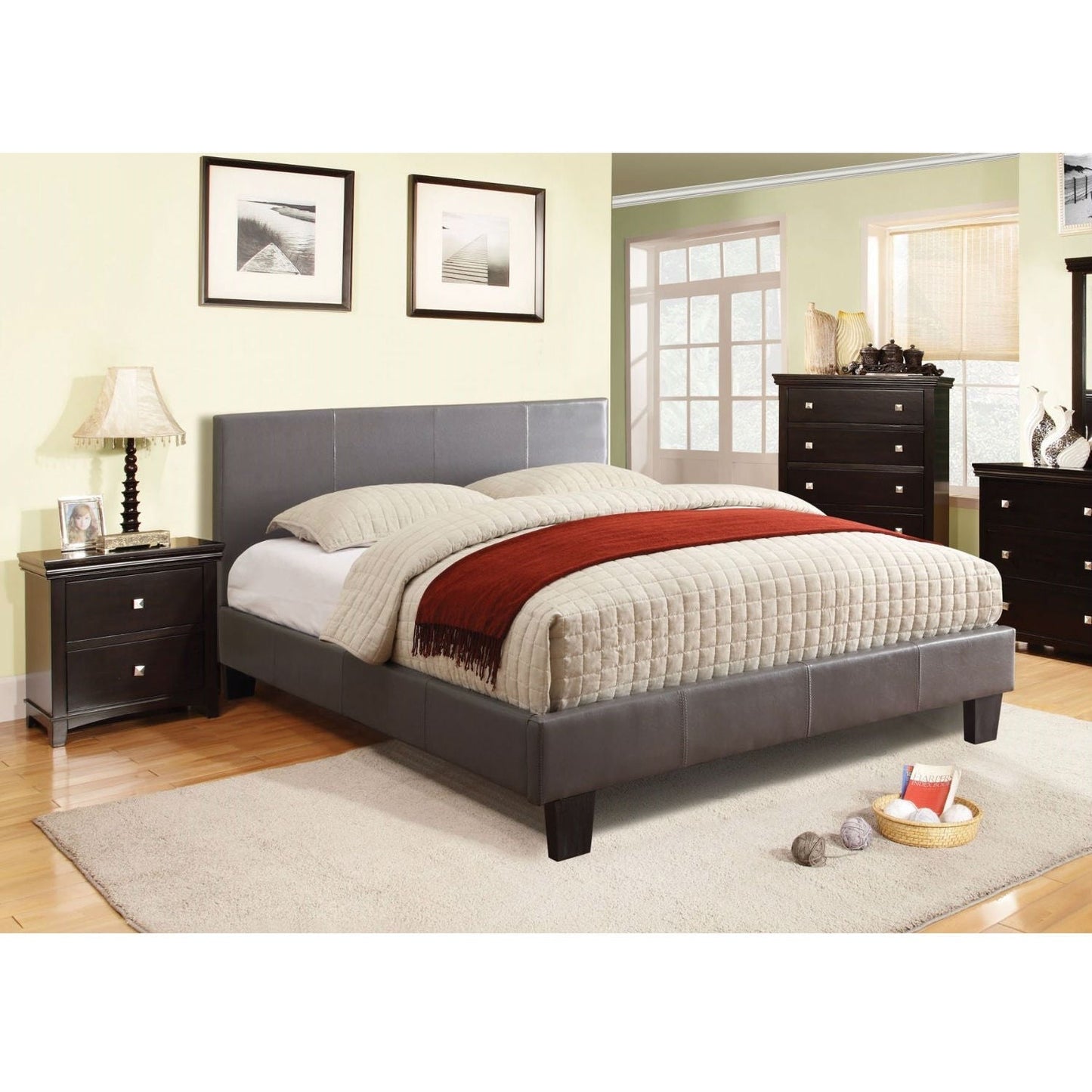 Bedroom > Bed Frames > Platform Beds - Queen Size Platform Bed With Headboard Upholstered In Gray Faux Leather