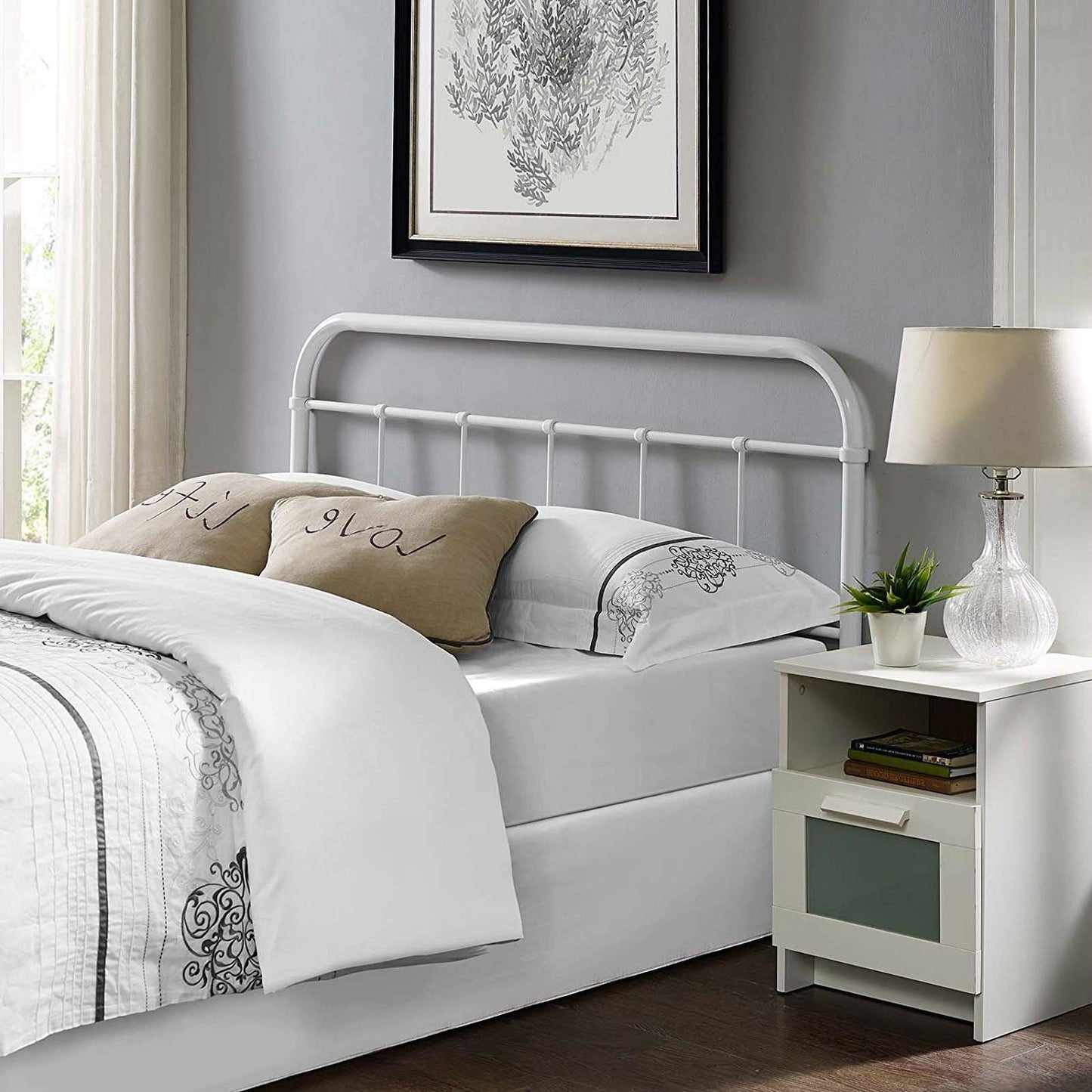 Bedroom > Headboards - Full Size Vintage White Metal Headboard With Round Corners