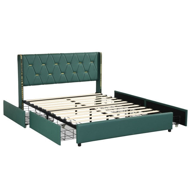 Bedroom > Bed Frames > Platform Beds - Full Size Green/Gold Linen Headboard 4 Drawer Storage Platform Bed