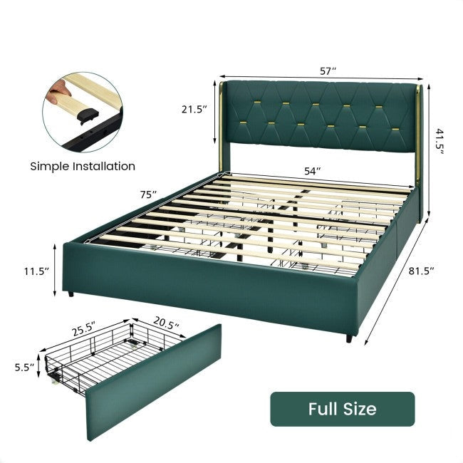 Bedroom > Bed Frames > Platform Beds - Full Size Green/Gold Linen Headboard 4 Drawer Storage Platform Bed