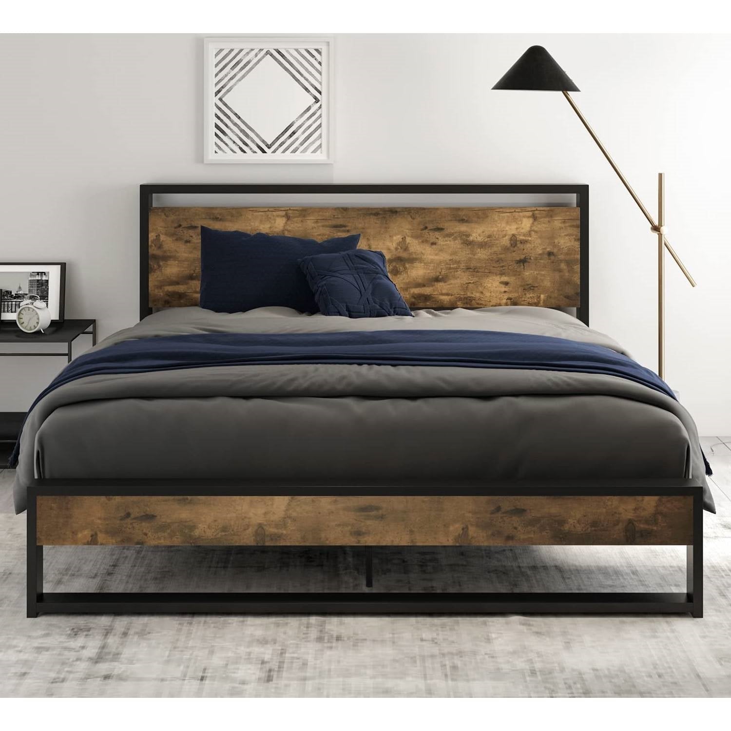 Bedroom > Bed Frames > Platform Beds - Full Size Metal Wood Platform Bed Frame With Industrial Headboard