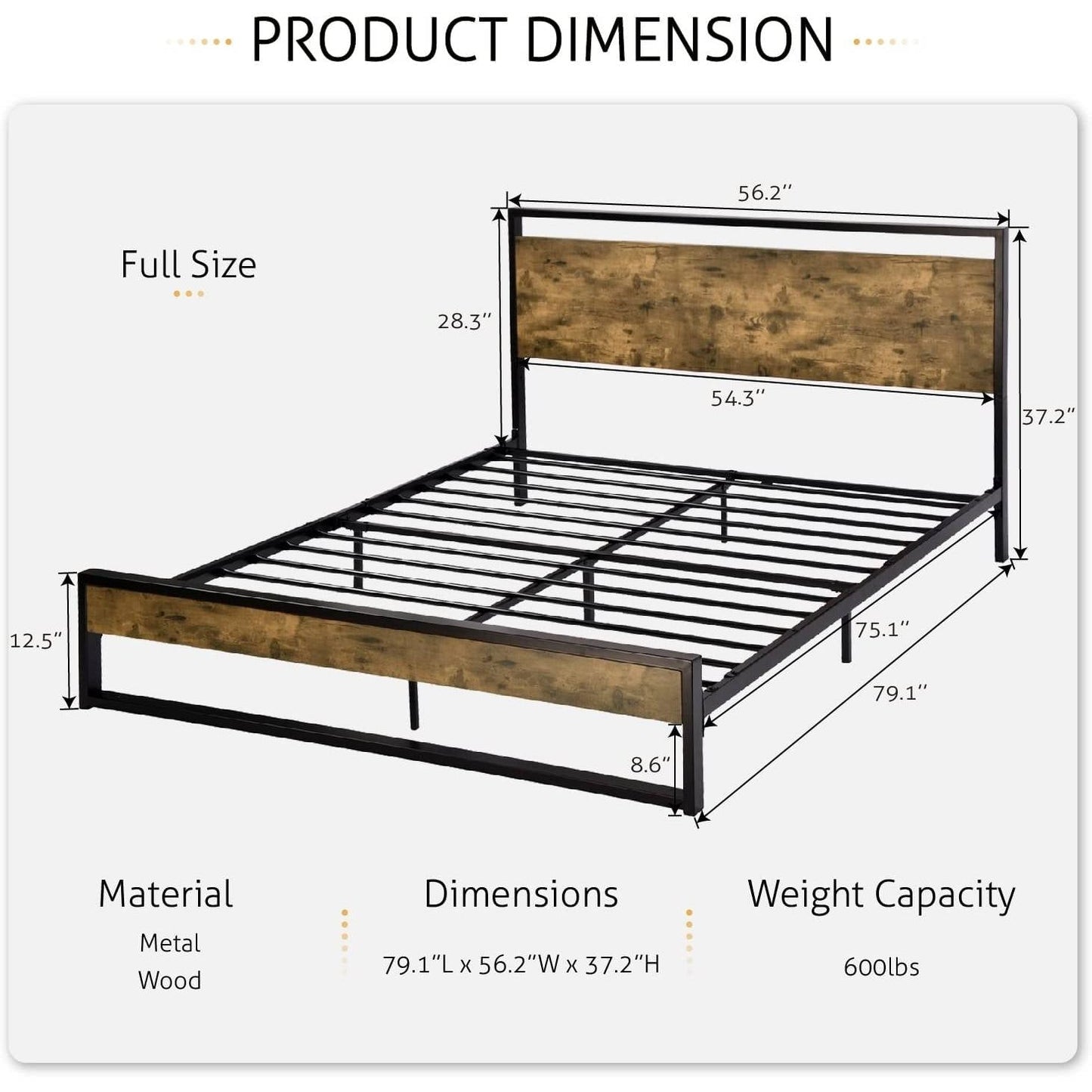Bedroom > Bed Frames > Platform Beds - Full Size Metal Wood Platform Bed Frame With Industrial Headboard