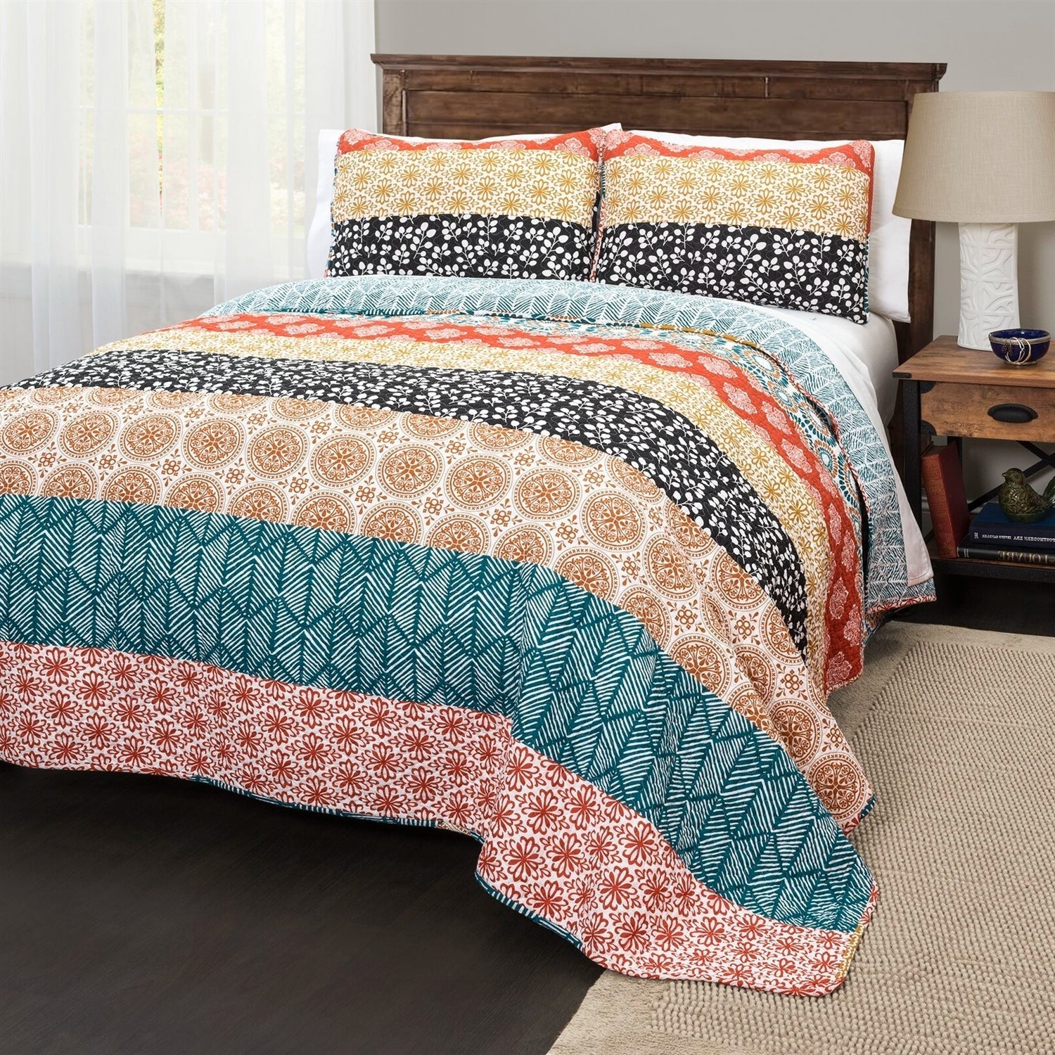 Bedroom > Quilts & Blankets - Full/Queen Size Cotton 3 Piece Reversible Teal Orange Bohemian Stripe Quilt Set