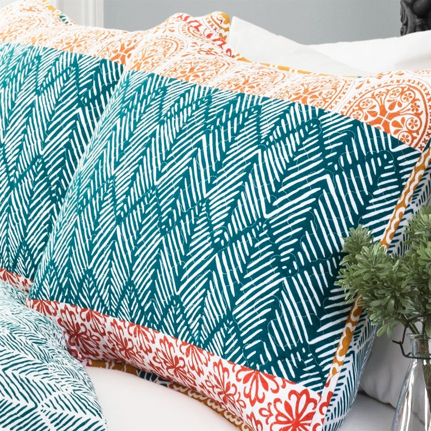 Bedroom > Quilts & Blankets - Full/Queen Size Cotton 3 Piece Reversible Teal Orange Bohemian Stripe Quilt Set
