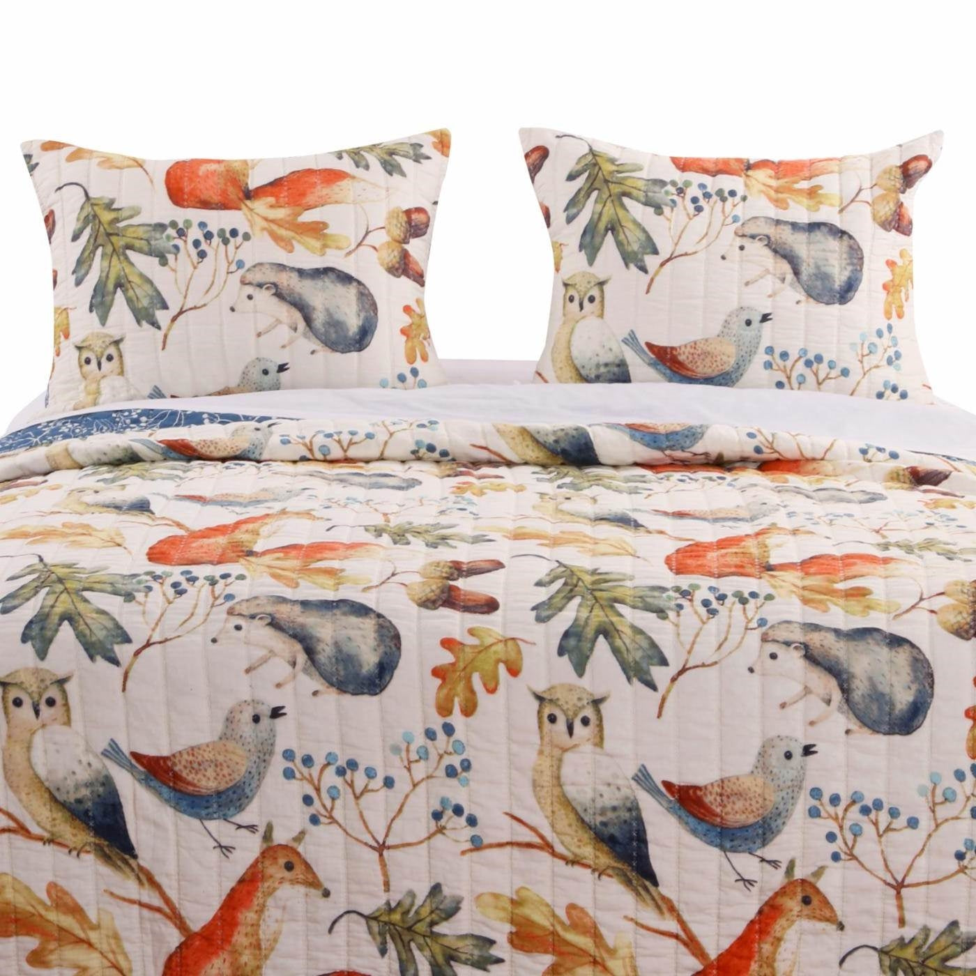 Bedroom > Quilts & Blankets - Full/Queen Blue Beige Birds Animals Floral Microfiber Reversible Quilt Set
